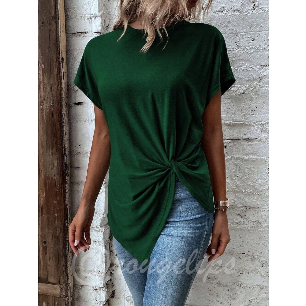 Twist Detail Green Tee Shirt Short Sleeve Round Neck - Picture 5 of 13